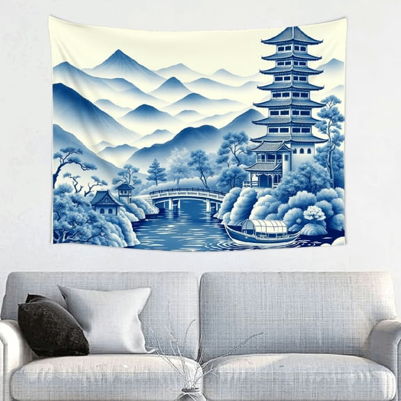 RKSupls Tapestry Wall Hanging Art, Blue Chinese Pagoda Traditional Mountain River Tapestry Decoration for Daily Bedroom, Dorm, Living Room, Apartment Hallway Home Decor