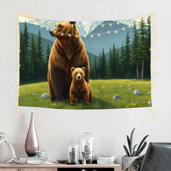 RKSupls Tapestry Wall Hanging Art, Brown Bear and Cub Mountain Rustic Wildlife Tapestry Decoration for Daily Bedroom, Dorm, Living Room, Apartment Hallway Home Decor