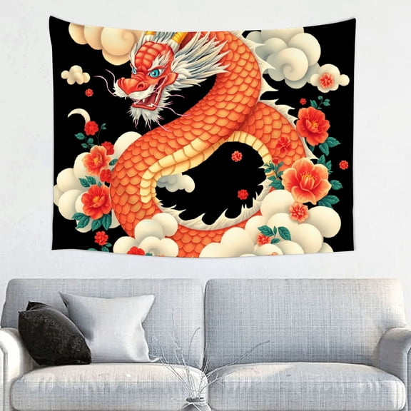 RKSupls Tapestry Wall Hanging Art, Chinese Red Dragon Floral Cloud Oriental Tapestry Decoration for Daily Bedroom, Dorm, Living Room, Apartment Hallway Home Decor