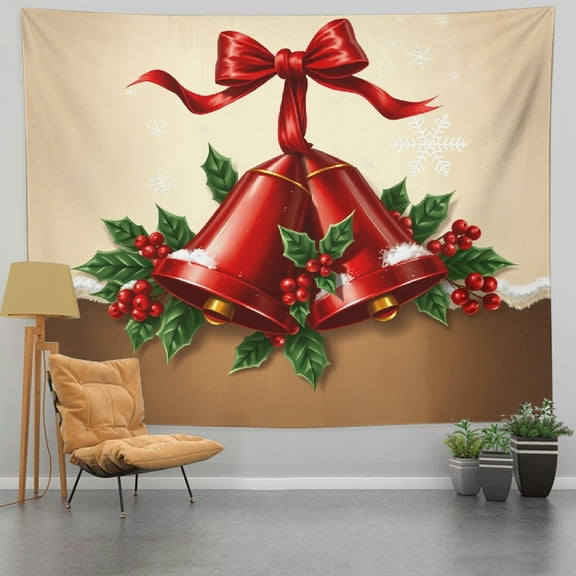 RKSupls Tapestry Wall Hanging Art, Christmas Bells with Holly Tapestry Decoration for Daily Bedroom, Dorm, Living Room, Apartment Hallway Home Decor