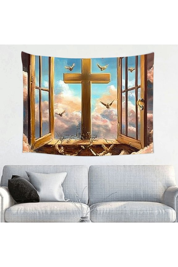 Tapestry Wall Hanging Art, Cross Window Sky Tapestry Decoration for Daily Bedroom, Dorm, Living Room, Apartment Hallway Home Decor