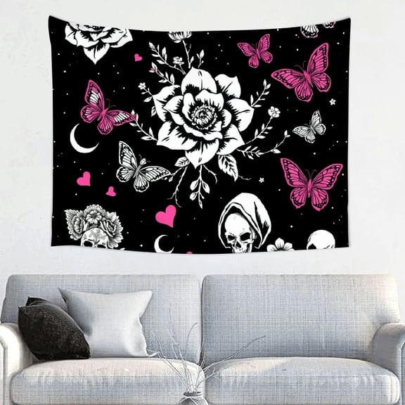 RKSupls Tapestry Wall Hanging Art, Gothic Skulls and Butterflies Pattern Tapestry Decoration for Daily Bedroom, Dorm, Living Room, Apartment Hallway Home Decor