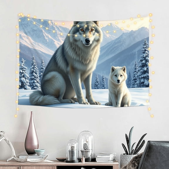 RKSupls Tapestry Wall Hanging Art, Gray Wolf and White Pup in Snowy Mountains Tapestry Decoration for Daily Bedroom, Dorm, Living Room, Apartment Hallway Home Decor