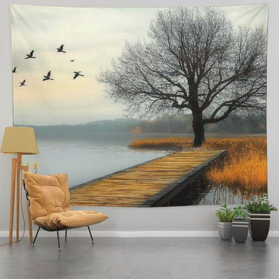 RKSupls Tapestry Wall Hanging Art, Lake Pier Lone Tree Tapestry Decoration for Daily Bedroom, Dorm, Living Room, Apartment Hallway Home Decor