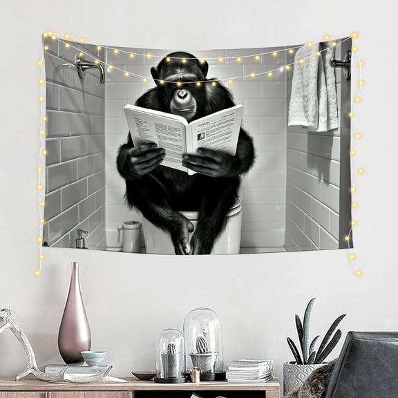 RKSupls Tapestry Wall Hanging Art, Monkey Reading on Toilet Tapestry Decoration for Daily Bedroom, Dorm, Living Room, Apartment Hallway Home Decor