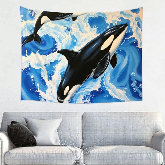 RKSupls Tapestry Wall Hanging Art, Orca Killer Whales Ocean Waves Tapestry Decoration for Daily Bedroom, Dorm, Living Room, Apartment Hallway Home Decor
