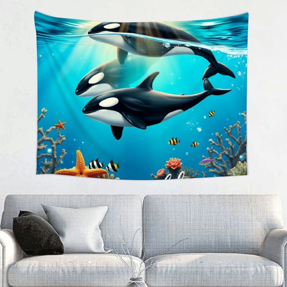 RKSupls Tapestry Wall Hanging Art, Orcas with Starfish and Tropical Fish Hanging Tapestry Decoration for Daily Bedroom, Living Room, Dorm, Apartment Hallway Home Decor,40*30in