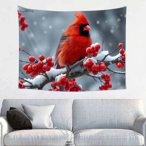 RKSupls Tapestry Wall Hanging Art, Red Cardinal Bird Winter Berries Tapestry Decoration for Daily Bedroom, Dorm, Living Room, Apartment Hallway Home Decor