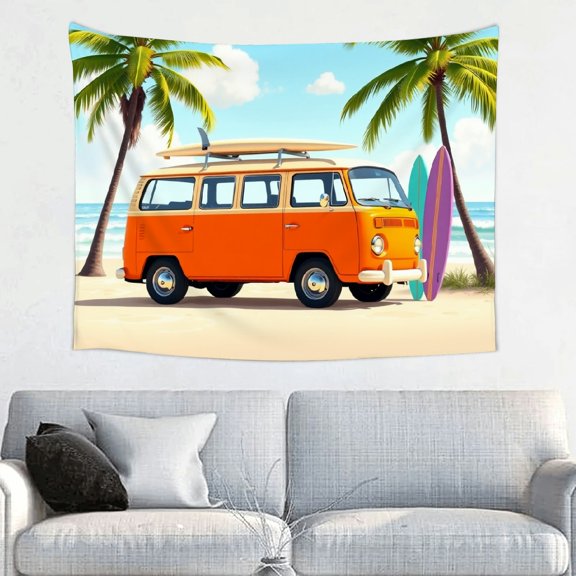 RKSupls Tapestry Wall Hanging Art, Retro Orange Van with Surfboards on Beach Tapestry Decoration for Daily Bedroom, Dorm, Living Room, Apartment Hallway Home Decor