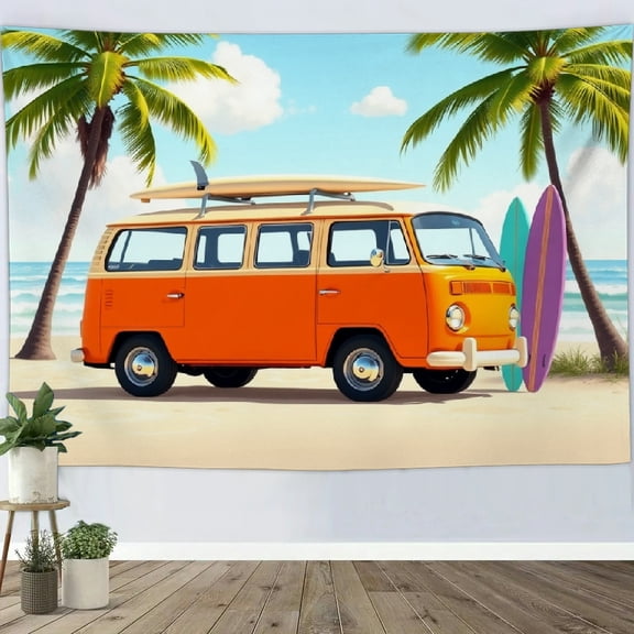 RKSupls Tapestry Wall Hanging Art, Retro Orange Van with Surfboards on Beach Tapestry Decoration for Daily Bedroom, Dorm, Living Room, Apartment Hallway Home Decor