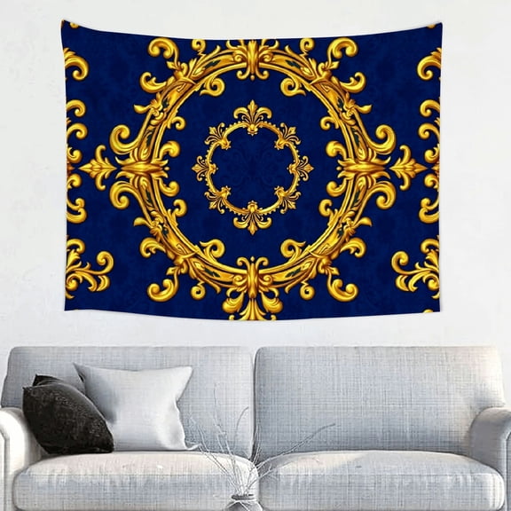 RKSupls Tapestry Wall Hanging Art, Royal Blue Gold Damask Ornate Baroque Medallion Tapestry Decoration for Daily Bedroom, Dorm, Living Room, Apartment Hallway Home Decor