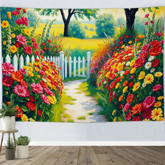 RKSupls Tapestry Wall Hanging Art, Summer Garden Path with White Picket Fence Tapestry Decoration for Daily Bedroom, Living Room, Dorm, Apartment Hallway Home Decor,90*60in