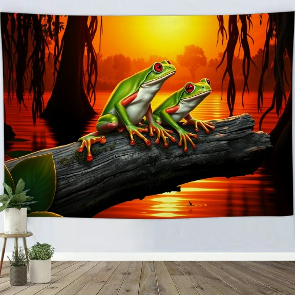 RKSupls Tapestry Wall Hanging Art, Tropical Red Eyed Frog Pair Sunset Swamp Log Tapestry Decoration for Daily Bedroom, Dorm, Living Room, Apartment Hallway Home Decor