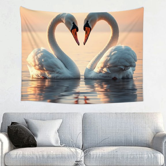 RKSupls Tapestry Wall Hanging Art, Two White Swans Forming Heart on Water at Sunset Tapestry Decoration for Daily Bedroom, Dorm, Living Room, Apartment Hallway Home Decor
