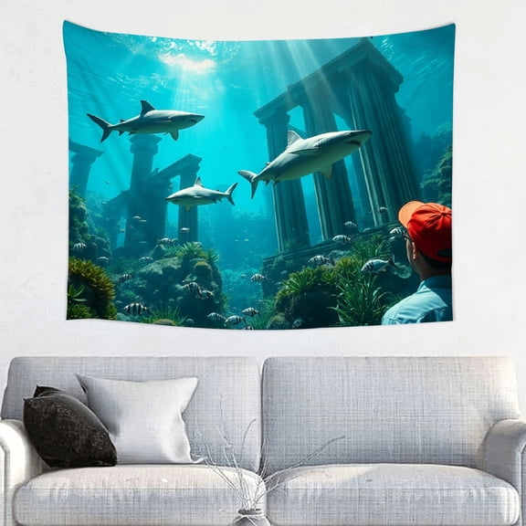 RKSupls Tapestry Wall Hanging Art, Underwater Ruins Sharks Diver Scene Tapestry Decoration for Daily Bedroom, Dorm, Living Room, Apartment Hallway Home Decor