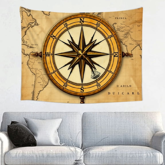 RKSupls Tapestry Wall Hanging Art, Vintage Brass Compass World Map Antique Explorer Tapestry Decoration for Daily Bedroom, Dorm, Living Room, Apartment Hallway Home Decor