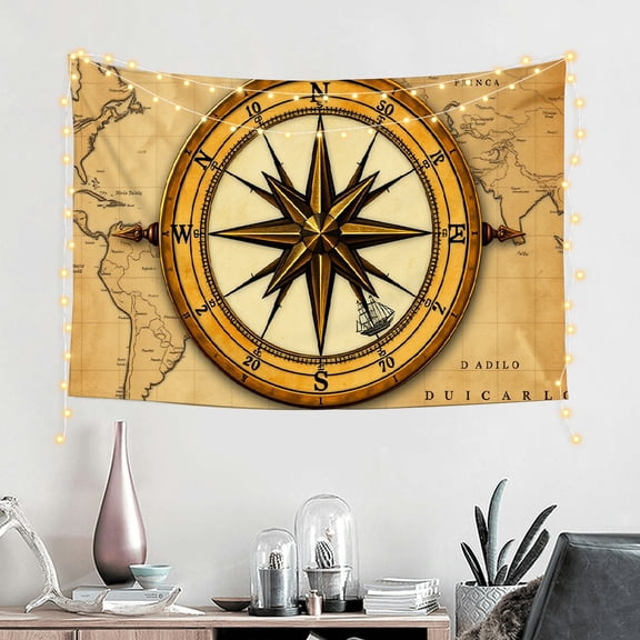 RKSupls Tapestry Wall Hanging Art, Vintage Brass Compass World Map Antique Explorer Tapestry Decoration for Daily Bedroom, Dorm, Living Room, Apartment Hallway Home Decor