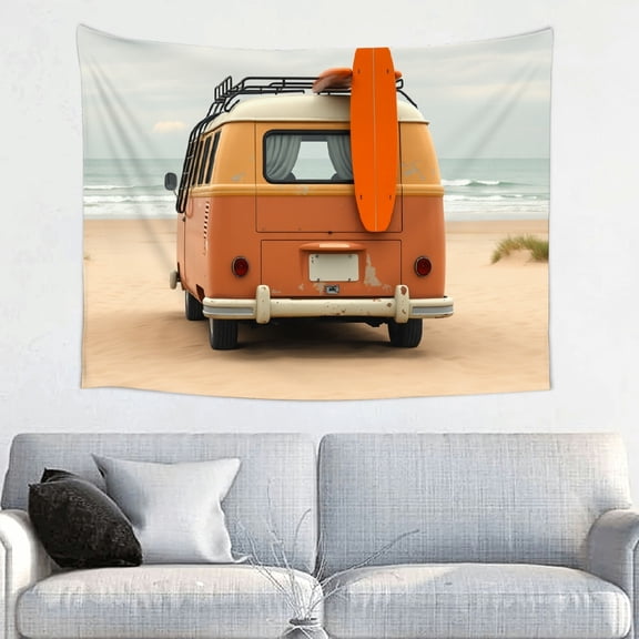 RKSupls Tapestry Wall Hanging Art, Vintage Orange Van Beach Surfboard Tapestry Decoration for Daily Bedroom, Dorm, Living Room, Apartment Hallway Home Decor