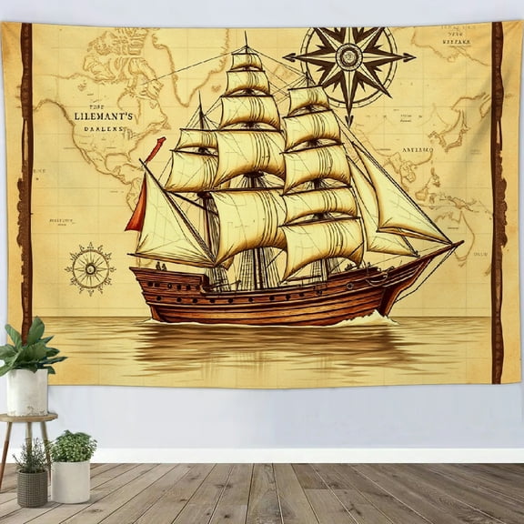 RKSupls Tapestry Wall Hanging Art, Vintage Pirate Ship Map Antique Compass Sailing Tapestry Decoration for Daily Bedroom, Dorm, Living Room, Apartment Hallway Home Decor