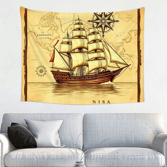 RKSupls Tapestry Wall Hanging Art, Vintage Pirate Ship Map Antique Compass Sailing Tapestry Decoration for Daily Bedroom, Dorm, Living Room, Apartment Hallway Home Decor