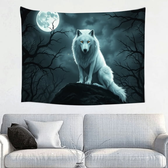 RKSupls Tapestry Wall Hanging Art, White Wolf Full Moon Night Scene Tapestry Decoration for Daily Bedroom, Dorm, Living Room, Apartment Hallway Home Decor