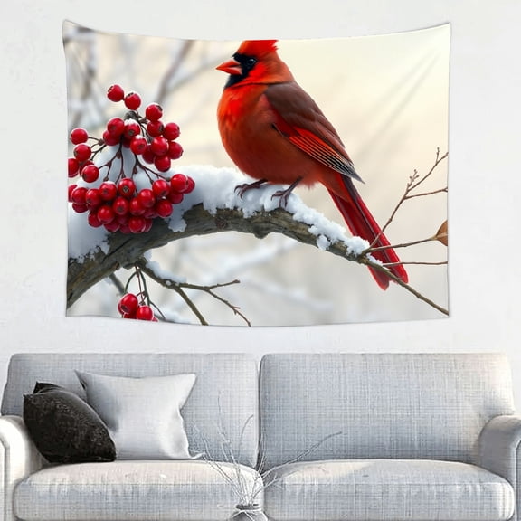 RKSupls Tapestry Wall Hanging Art, Winter Red Cardinal Snow Berry Christmas Bird Tapestry Decoration for Daily Bedroom, Dorm, Living Room, Apartment Hallway Home Decor