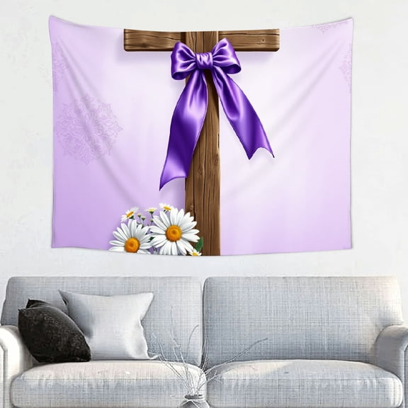 RKSupls Tapestry Wall Hanging Art, Wooden Cross with Purple Bow Daisies Tapestry Decoration for Daily Bedroom, Dorm, Living Room, Apartment Hallway Home Decor