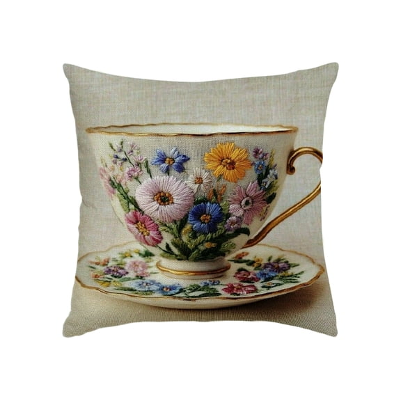 RKSupls Teacup Floral Pillow Covers,Watercolor Wildflowers Throw Pillow Case Decoration,  Farmhouse Spring Summer Flower Linen Cushion Covers for Couch Sofa Bedroom Living Room Home Decor