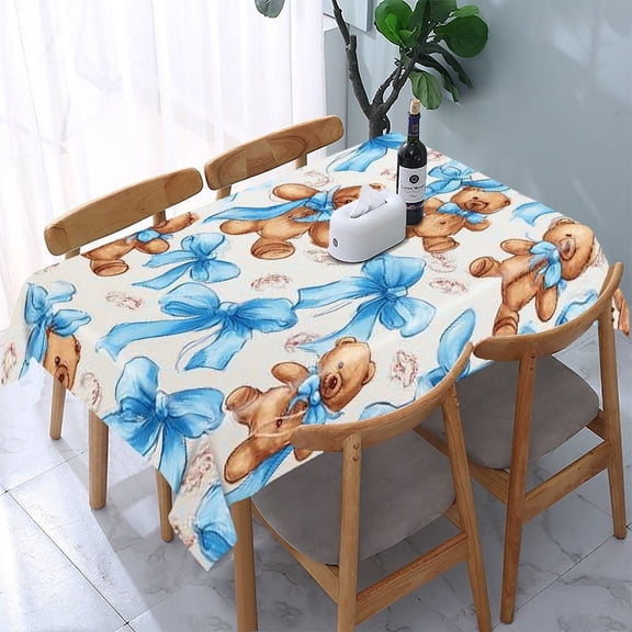 RKSupls Teddy Bears Blue Bows Rectangle Dining Tablecloth, Washable Wipeable Stain & Wrinkle Resistant Polyester Tablecloth for Kitchen Picnic Party