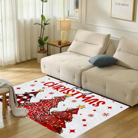 RKSupls Three Christmas Trees Patterned Stars Soft Flannel Area Rug 71x47 Inch, Non-Slip Floor Mat for Living Room Bedroom, Warm Fuzzy Carpet for Winter Holiday Decor
