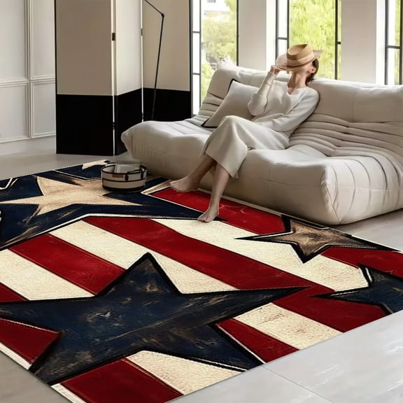 RKSupls Three Dimensional Stars on American Stripes Soft Fluffy Velvet Area Rug for Living Room Bedroom, Non-Slip Washable Carpet, Modern Minimalist Home Decor Floor Mat