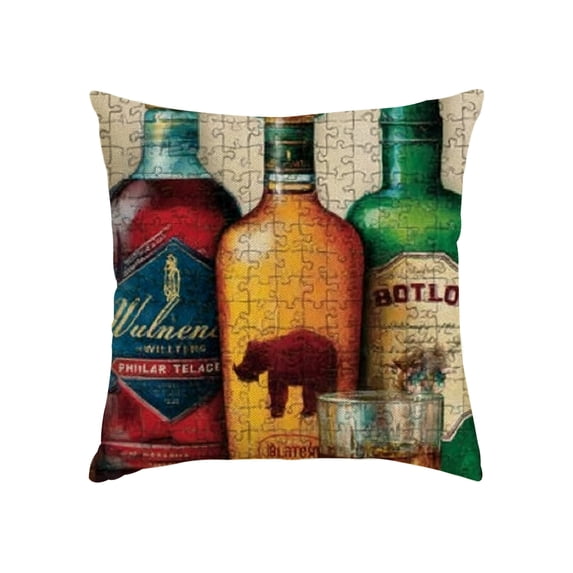 RKSupls Throw Pillow Covers, Whiskey Bourbon Bottles Tin Pillow Case Decoration, Linen Cushion Covers for Couch Sofa Bedroom Living Room Holiday Home Decor,18x18in