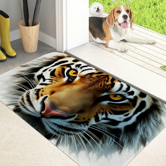 RKSupls Tiger Face Close Up Flannel Floor Mat with Anti-Skid Backing Non-Slip Absorbent Machine Washable Indoor Rug for Bathroom Kitchen Entryway, 45x152cm