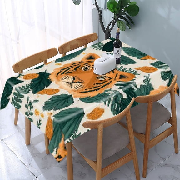 RKSupls Tiger Leaves Pattern Rectangle Dining Tablecloth, Washable Wipeable Stain & Wrinkle Resistant Polyester Tablecloth for Kitchen Picnic Party