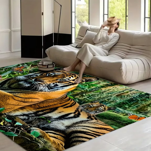 RKSupls Tiger Rock Jungle Family  Soft Fluffy Velvet Area Rug   for Living Room Bedroom, Non-Slip Washable Carpet, Modern Minimalist Home Decor Floor Mat