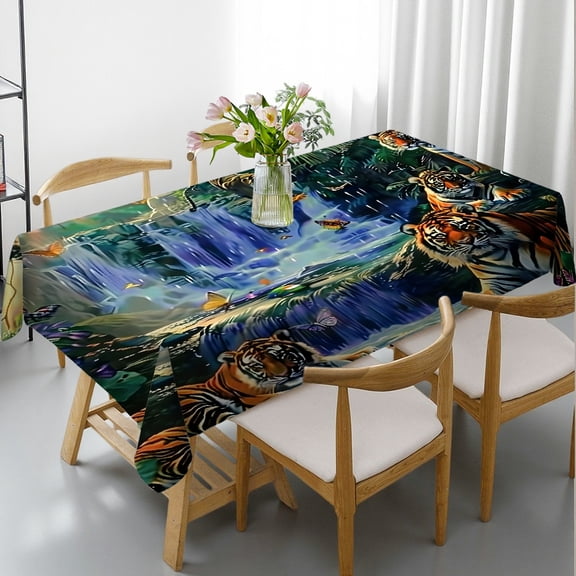 RKSupls Tigers Jungle Waterfall Sunset Rectangle Dining Tablecloth, Festive Table Setting - Polyester Tablecloths Rectangle Dining Tablecloth, Kitchen Picnic Party