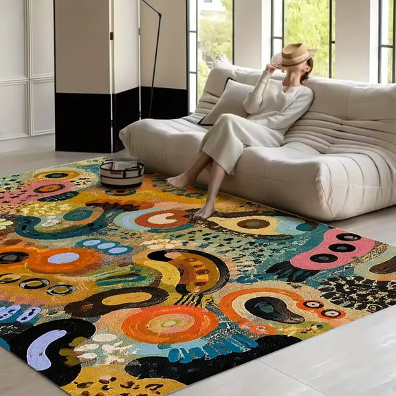 RKSupls 4x3ft Tribal Abstract Earthy Circles Pattern Soft Fluffy Velvet Area Rug for Living Room Bedroom, Non-Slip Washable Carpet, Chic Minimalist Home Decor