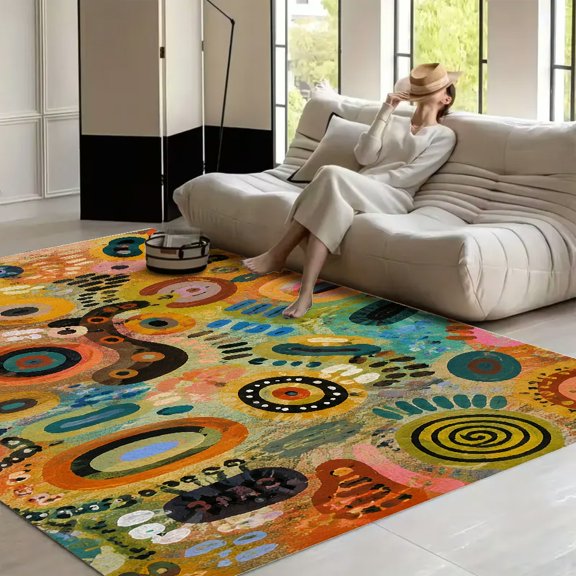 RKSupls 4x3ft Tribal Abstract Earthy Motifs Pattern Soft Fluffy Velvet Area Rug for Living Room Bedroom, Non-Slip Washable Carpet, Modern Minimalist Home Decor Floor Mat