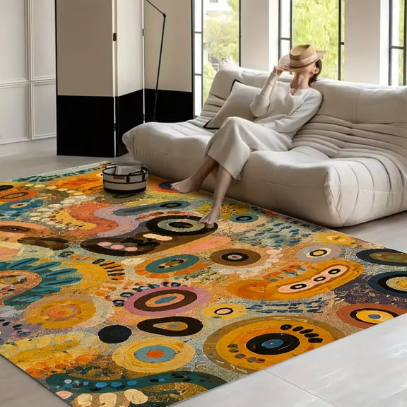 RKSupls 4x3ft Tribal Abstract Earthy Shapes Pattern Soft Fluffy Velvet Area Rug for Living Room Bedroom, Non-Slip Washable Carpet, Modern Minimalist Home Decor Floor Mat