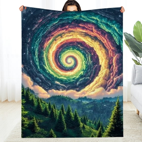 RKSupls Trippy Rainbow Spiral Pine Forest Sky Psychedelic Cloud Soft Flannel Throw Blanket, Lightweight Fuzzy Warm Cozy Blanket for Couch Bed Home Travel Decor