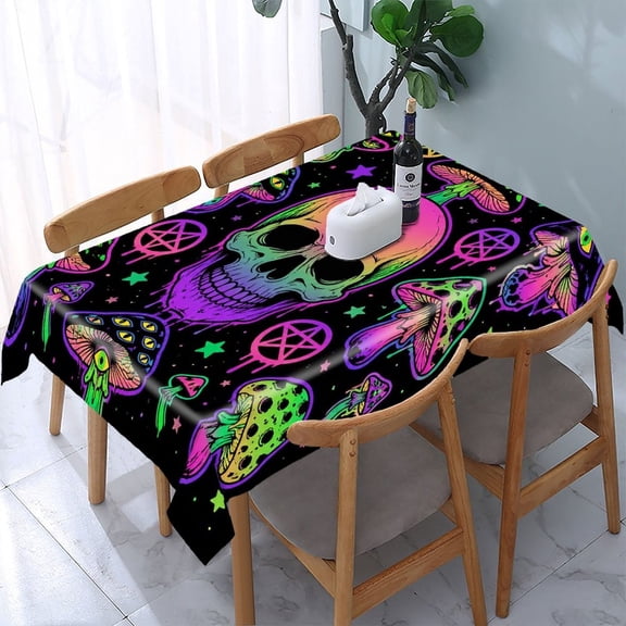 RKSupls Trippy Skull Mushrooms Neon Rectangle Dining Tablecloth, Washable Wipeable Stain & Wrinkle Resistant Polyester Tablecloth for Kitchen Picnic Party