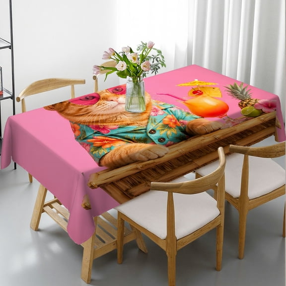 RKSupls Tropical Cat With Cocktail At Tiki Bar Rectangle Dining Tablecloth, Festive Table Setting - Holiday Party Tablecloth Rectangle Dining Tablecloth, Ideal for Kitchen Picnic Party
