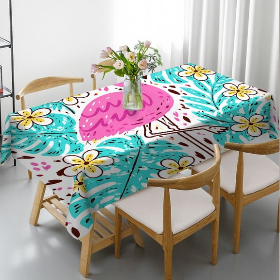 RKSupls  Tropical Flamingo With Monstera Print Rectangle Dining Tablecloth, Holiday Party Tablecloth Machine-Made, Tropical Flamingo With Monstera