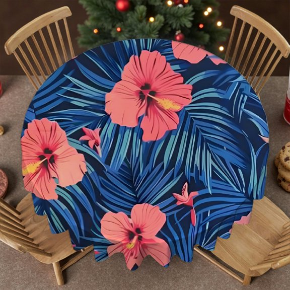 RKSupls Tropical Hibiscus Palm Round Tablecloth, Kitchen Accessories - Festive Table Setting Stain Resistant & Washable Decor, Wedding, Party, Home Dining