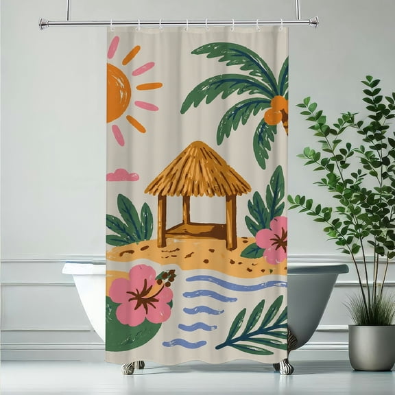 RKSupls Tropical Island Hut With Coconut Drink Polyester Shower Curtain with Hooks for Chic Elegant Waterproof Shower Curtain Home Bathtub Bathroom Decor Washable