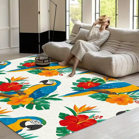 RKSupls Tropical Macaw Hibiscus Pattern Soft Fluffy Velvet Area Rug for Living Room Bedroom, Non-Slip Washable Carpet, Modern Minimalist Home Decor Floor Mat