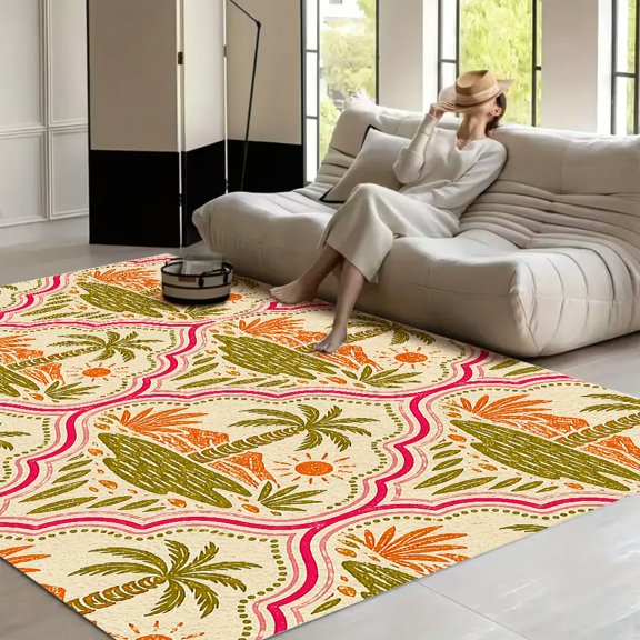 RKSupls Tropical Oasis Lattice Pattern  Soft Fluffy Velvet Area Rug   for Living Room Bedroom, Non-Slip Washable Carpet, Modern Minimalist Home Decor Floor Mat