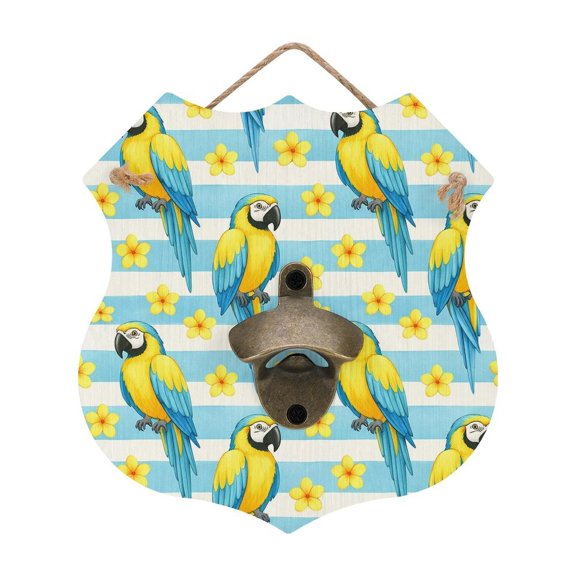 RKSupls Tropical Parrot Stripes Wooden Wall Mounted Bottle Opener, MDF Hanging Beer Opener with Hemp Rope for Home Bar Farmhouse Decor