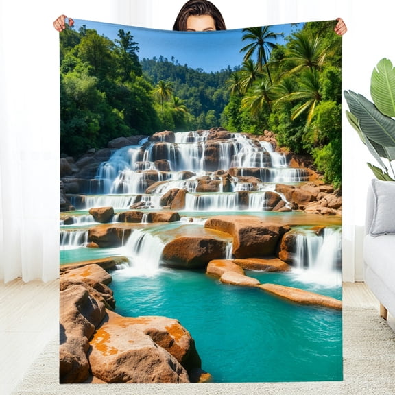 RKSupls Tropical Waterfall Jungle Palm Tree Soft Flannel Throw Blanket, Lightweight Fuzzy Warm Cozy Blanket for Couch Bed Home Travel Decor