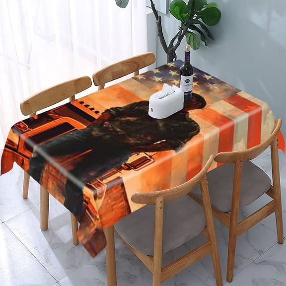 RKSupls Trucker American Flag Rectangle Dining Tablecloth, Washable Wipeable Stain & Wrinkle Resistant Polyester Tablecloth for Kitchen Picnic Party
